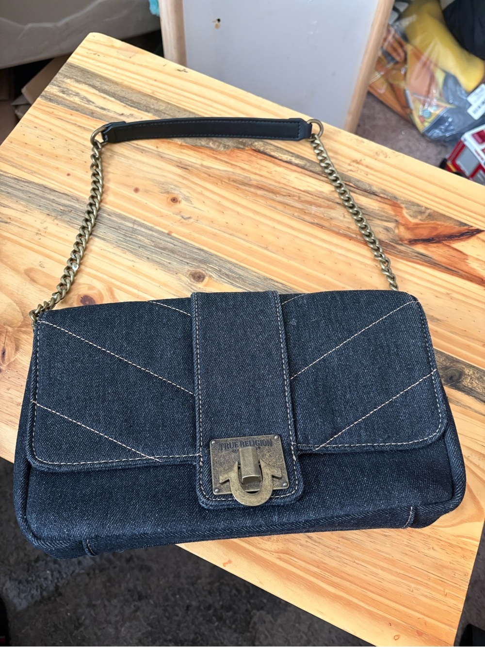 True Religion Dark Denim Shoulder Bag with Brass Chain Strap